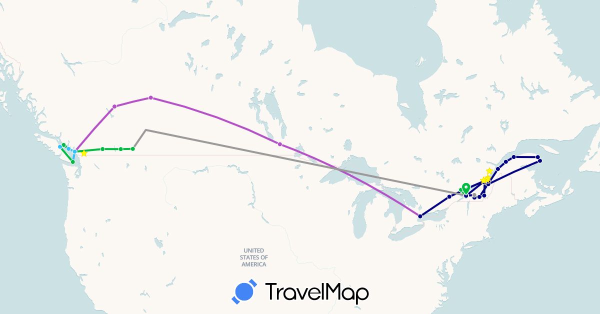 TravelMap itinerary: driving, bus, plane, train, boat in Canada (North America)